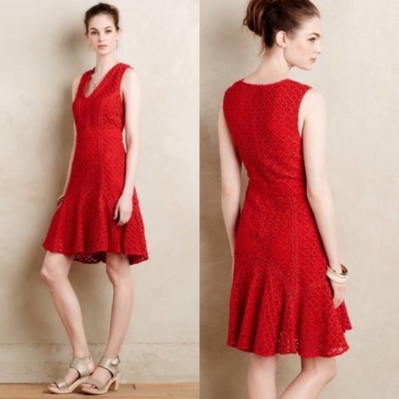 Anthropologie San & Soni Red-Orange Crochet Lace Dress - Size 14 - Picture 2 of 7